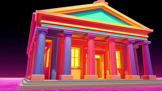 Vibrant Architectural Display: A vividly colorful building, with its neoclassical design, stands out boldly in the night, a captivating spectacle of lights and shadows.