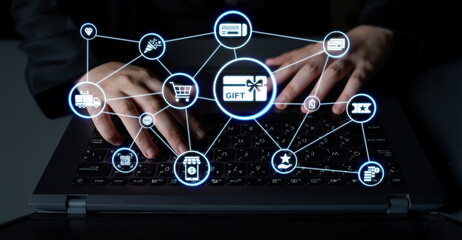 Digital gift card icons show e-commerce, payment, and digital gift card redemption. Digital gift card supports online shopping, secure payment, and customer loyalty programs. Entice