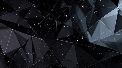 Abstract Geometric Polygonal Structure on Black Background with White Dot Network and Grayscale Color Tones
