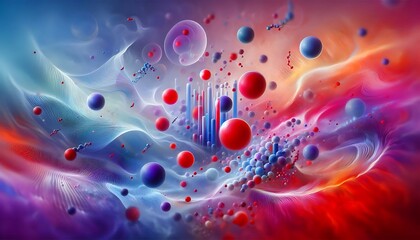 Examining the effects of air X and Z on murine cell line Y, to muddy or clarify? with small red, purple, and blue spheres representing molecules in an abstract style
