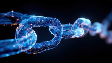 Glowing Blue Blockchain Chain Links with Data Points on Dark Background Represents Secure Digital Technology and Interconnected Network