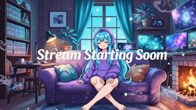 Anime girl with blue hair sitting on a purple sofa in a cozy room with multiple screens and a fireplace, indicating a stream starting soon.