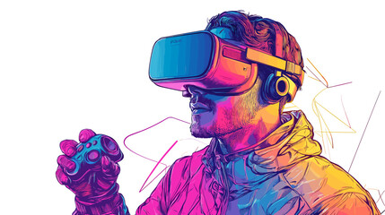 Man Wearing Virtual Reality Headset Neon Colors.