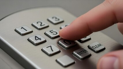Entering a confidential password on a security keypad, a close-up of human interaction with technology.