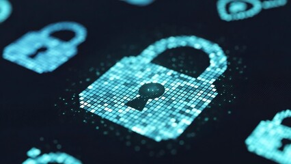 Securing digital information with a strong password: abstract pixelated lock icons in the cyber realm