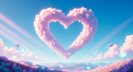 Fototapeta premium Pink Heart-Shaped Cloud Ring Over Fantasy Flower Field and Dreamy Blue Sky