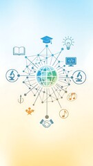 Global Education Network with Connected Icons Representing Various Fields of Knowledge.
