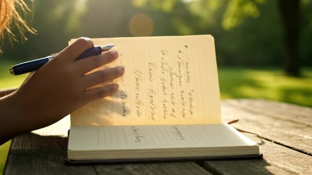 Individual writing notes in notebook with pen on wooden table outdoors