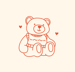 Obraz premium Cute illustration of a teddy bear wearing a sweater in a simple line art style. Perfect for greeting cards, invitations, stickers, packaging, Valentine's Day cards, and birthday cards.