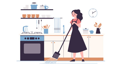 Woman in apron sweeping kitchen floor.