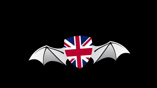 Loop Animation of United Kingdom flag icon with shield shape flying like a bat