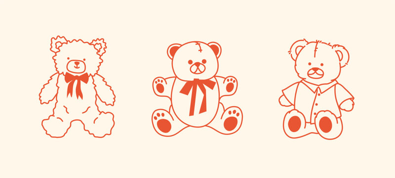 Adorable collection of three cute bears with bows and pyjamas in a simple linear style. Perfect for greeting cards, invitations, stickers, packaging, Valentine's Day cards, birthday cards.