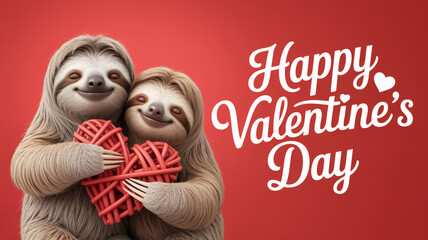 Two sloths embracing a red heart wishing a happy valentine s day