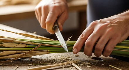 Hands craft dry grass stalks using a knife for weaving project