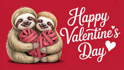 Two sloths embracing a heart shaped gift for a happy valentine s day