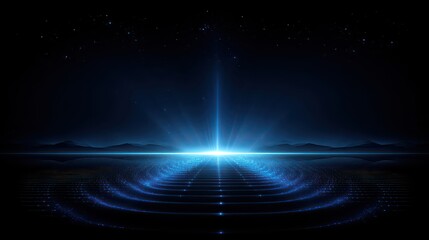 Futuristic Dark Blue Background with Concentric Rings and Luminous Light Streak Leading to Horizon Point Digital Art