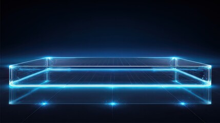Abstract Geometric Blue Cube Frame Structure Floating on a Dark Background Glowing Edges and Light Streaks