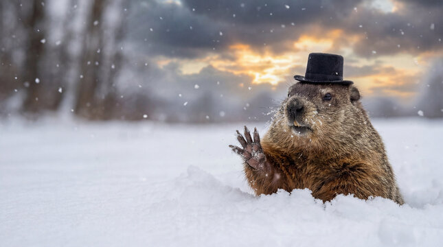 Groundhog in a black top hat emerges from deep snow, extends a paw and peers into falling flakes against a dramatic sunset sky, whimsical groundhog day scene
