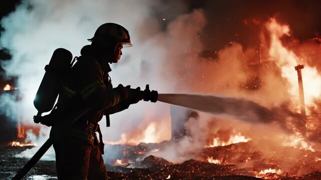 Firefighter silhouette battling a massive structure fire at night with water hose and thick smoke.