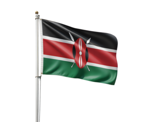 Majestic Kenyan flag waves proudly on a flagpole, symbolizing national pride and heritage, perfect for global campaigns.