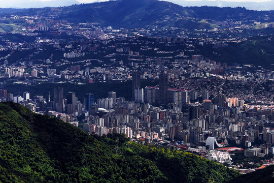 Traveling through Caracas, Venezuela. View of the city center from the Mirador viewpoint on the Camino de los Espa&ntilde;oles route, which connects to La Pastora. Central Park, San Carlos Barracks, and the 