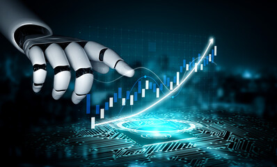 Futuristic robotic hand reaching for digital financial growth on tech background with data graphs and visual representation of progress Impute.