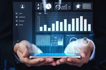 A detailed performance dashboard displayed on a smartphone showcasing various graphs and charts. This image represents modern business analytics and data visualization. Impute