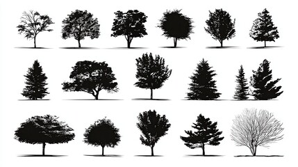 Fototapeta premium Collection of Silhouette Trees on White Background Including Various Deciduous and Coniferous Types in Vector Format
