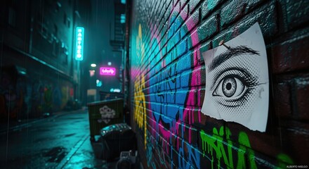 A halftone drawing of an eye pinned to a graffiti-covered brick wall in a dark, rainy urban alleyway illuminated by vibrant neon signs at night.