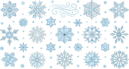 Various blue snowflakes and stars scattered on a white background, creating a winter scene from a direct viewpoint.
