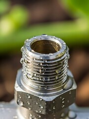 Macro shot of a metal pipe fitting with water droplets outside garden