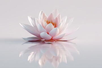 Delicate Pink Lotus Flower Floating On Calm Water with Reflection and Soft Lighting