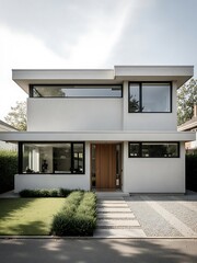 Modern White Box Home Exterior with Landscaped Garden and Stone Path