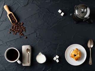 Morning coffee and pastry ritual on dark textured surface top down view