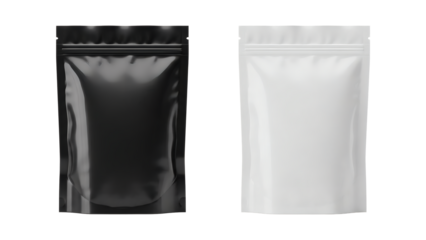 High-quality stand-up pouches in black and white, ideal for product packaging design and branding