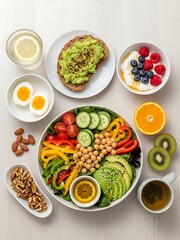 Overhead shot of colorful and vibrant healthy meal and breakfast arrangement