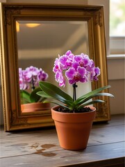 Phalaenopsis Orchid Blooming in Terra Cotta Pot with Antique Gold Mirror