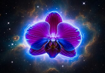 Radiant Orchid Bloom Amidst a Cosmic Nebula Backdrop with Starry Field
