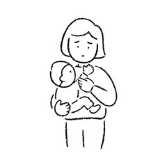 手描きの子どもを抱く母親_白黒