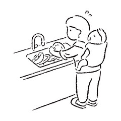 手描きのおんぶをして家事をする母親_白黒