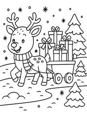 Fototapeta premium Reindeer with Gift for Festive Season: A charming cartoon reindeer pulls a cart laden with wrapped gifts, against a backdrop of falling snowflakes and festive pine trees, promising joy.