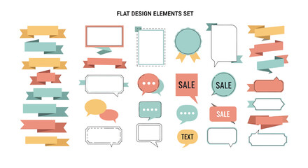 Assorted graphic design elements arranged in a flat design style showcasing various shapes and text boxes