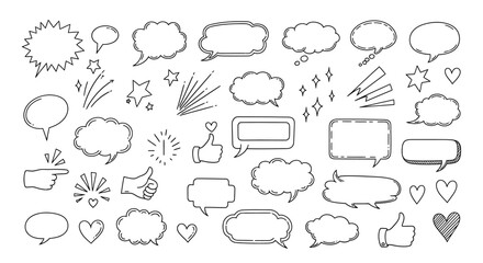 Fototapeta premium Collection of various speech bubbles and icons in a minimalist line art style on a white background