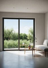 Tranquil interior with garden view enhancing serenity in minimalistic design
