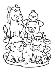 Fototapeta premium Farm Friends: A charming illustration depicts a group of cheerful farm animals, radiating joy and camaraderie, ideal for children's activities and educational purposes.