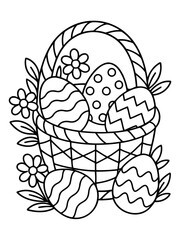Easter Basket Filled With Colorful Eggs: A charming illustration featuring a woven basket brimming with decorated eggs, surrounded by delicate flowers and leaves.