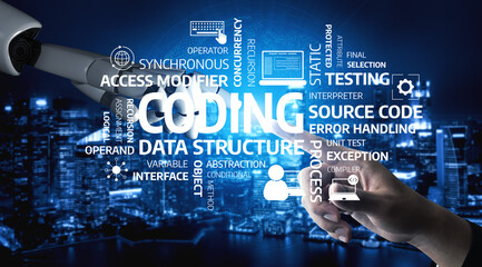 A visual representation of programming concepts with hands showing engagement in coding, set against a modern night city backdrop, emphasizing technology and creativity. Tessel