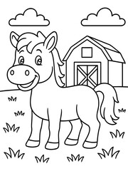 Fototapeta premium Cute Pony in the Farm: A friendly pony stands proudly in a farmyard with a barn and cloudy sky, ideal for coloring and children activities.