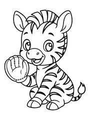Fototapeta premium Cute Zebra with Ball: A charming cartoon zebra, brimming with innocence, holds a baseball in its hoof, exuding warmth and inviting smiles.
