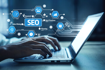 Close-up of hands typing on a laptop, surrounded by SEO icons and concepts that represent modern digital marketing tactics and data analysis methods in a workspace setting. Tessel